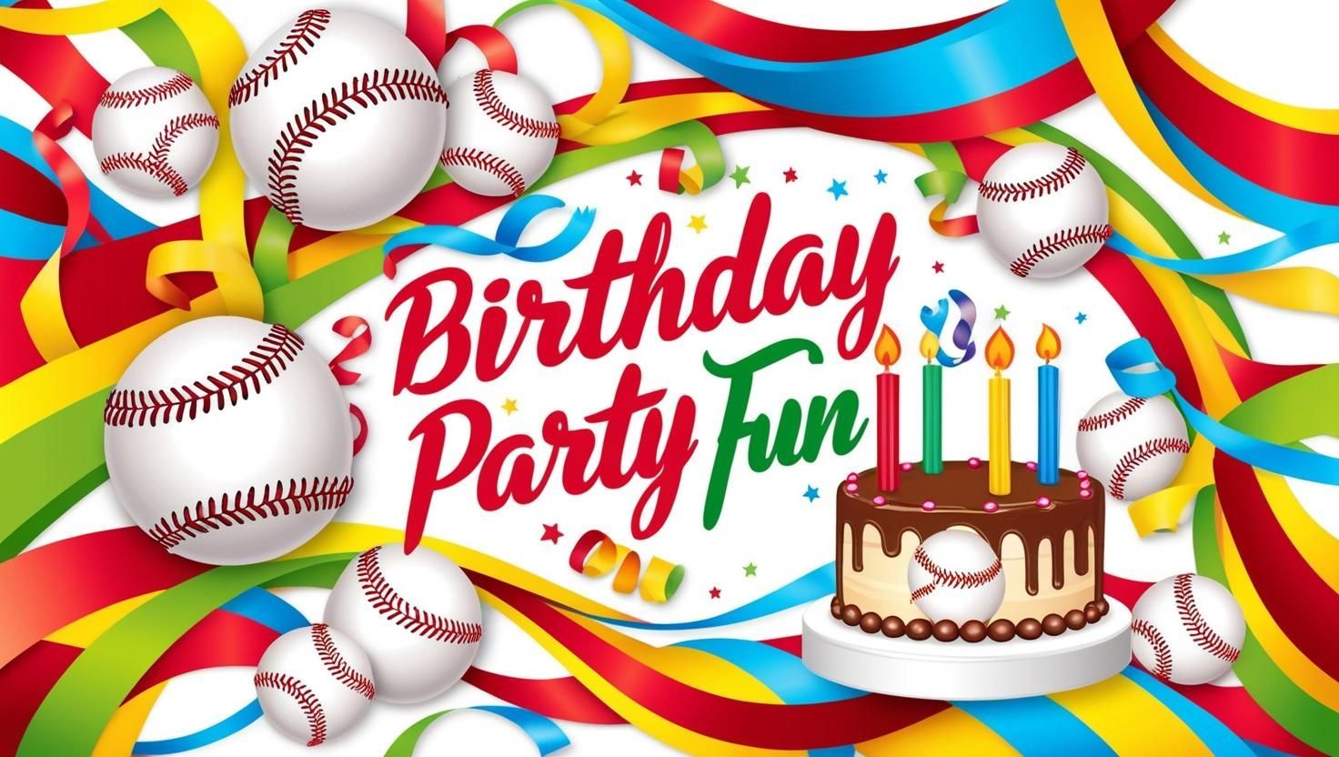 A birthday party invitation with baseballs, ribbons, and a cake.