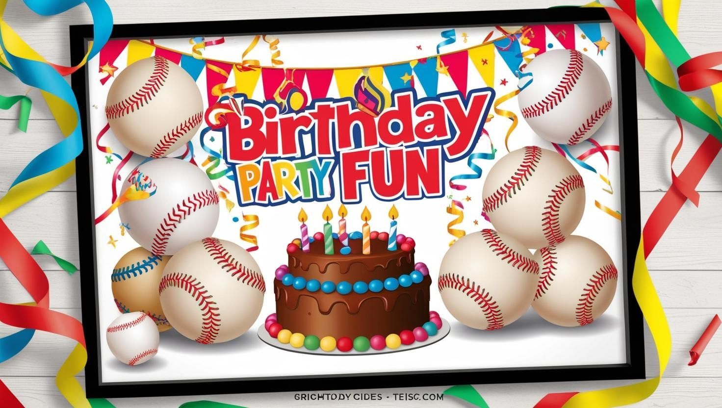 A picture of a birthday party with baseballs and a cake