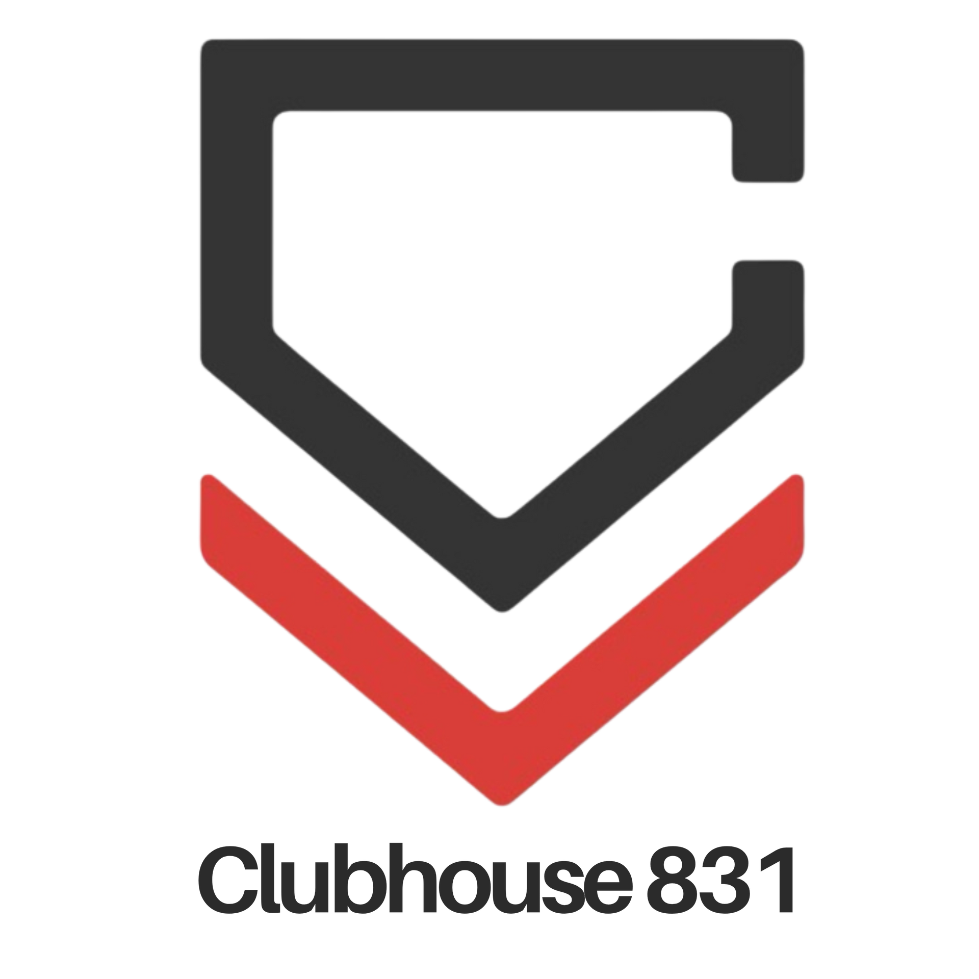 A logo for clubhouse 831 with a red arrow pointing down