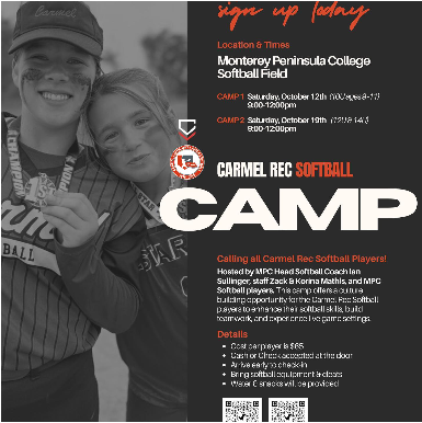 A poster for the carmel rec softball camp