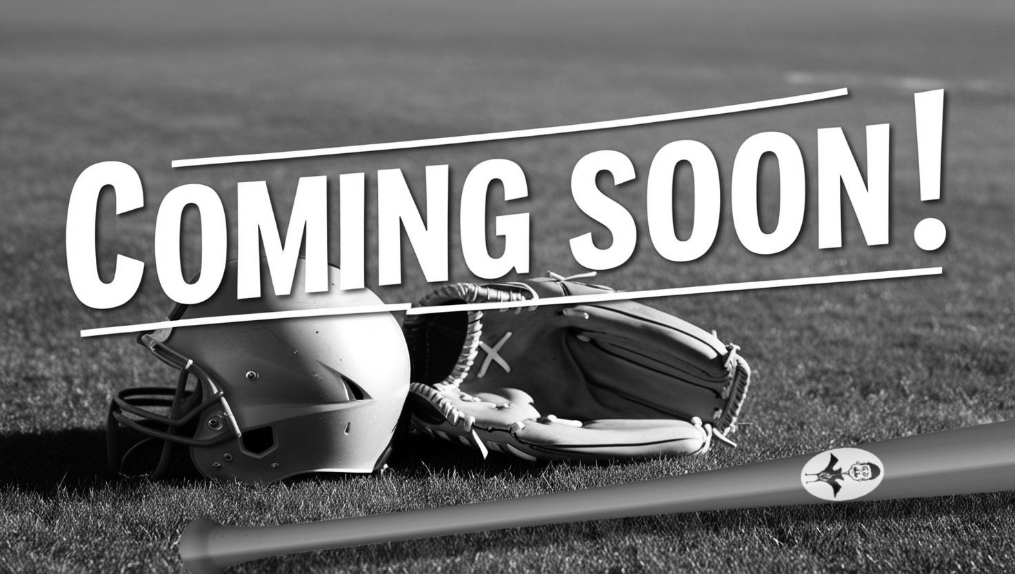 A football helmet, glove, and bat are on a field with a sign that says coming soon.