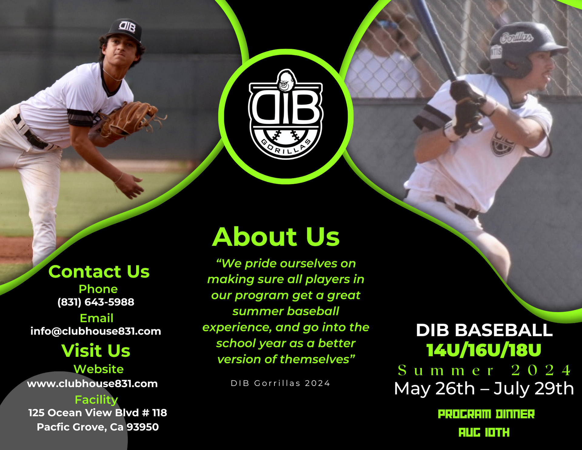 An advertisement for dib baseball shows a pitcher and a batter