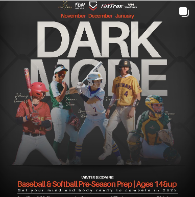 An Instagram poster for dark-mode baseball and softball pre-season prep