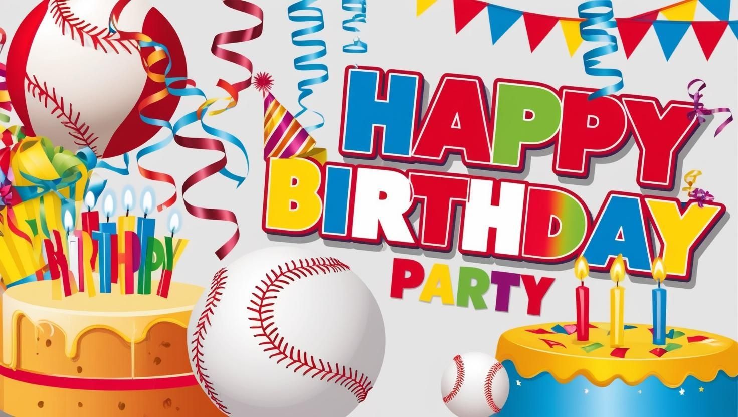 A happy birthday party poster with a baseball, cake, candles, and confetti.