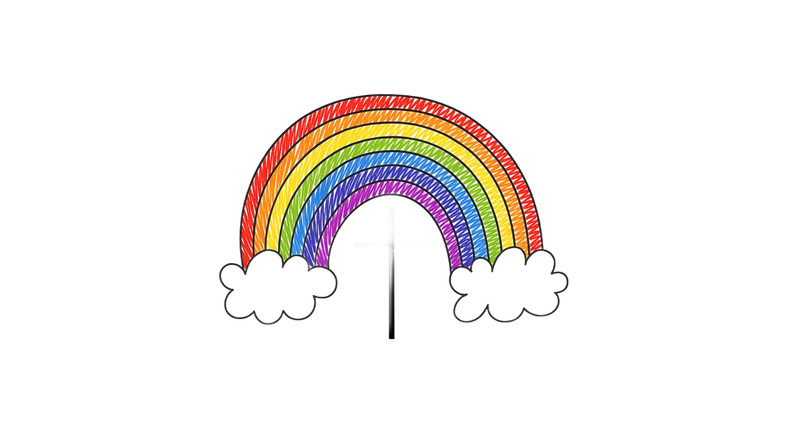 Rainbow arching over clouds. Hand-drawn style with red, orange, yellow, green, blue, and purple colors.