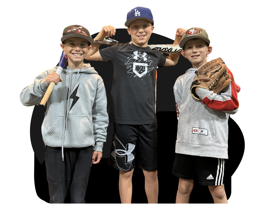 Three  Clubhouse 831 young boys are standing next to each other holding baseball bats and gloves.