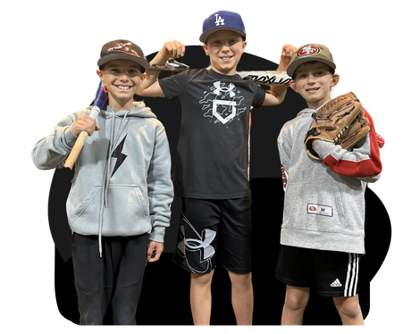 Three  Clubhouse 831 young boys are standing next to each other holding baseball bats and gloves.