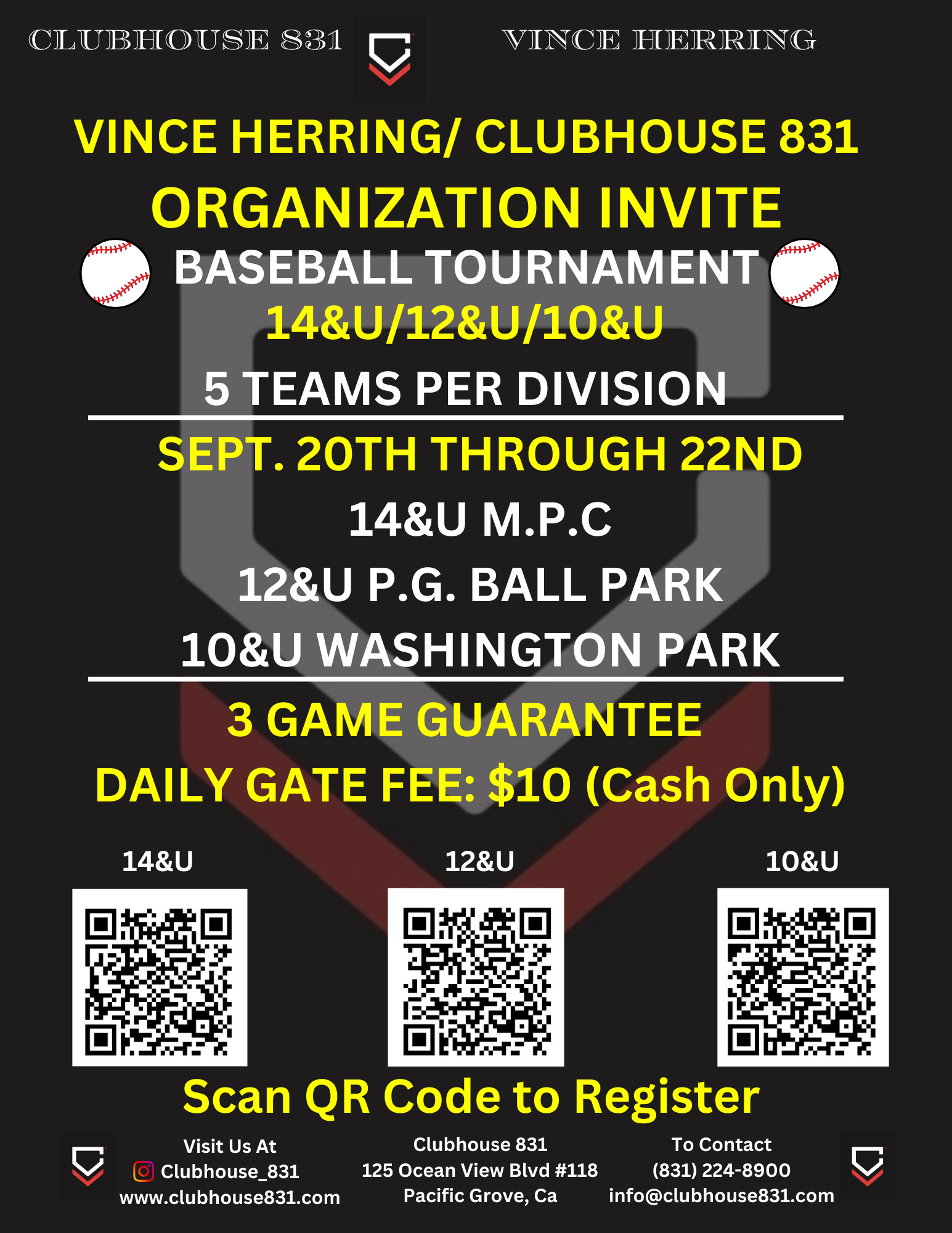 A poster for vince herring 's clubhouse baseball tournament