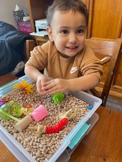A smiling toddler plays with toys in a bean sensory bin, indoors.