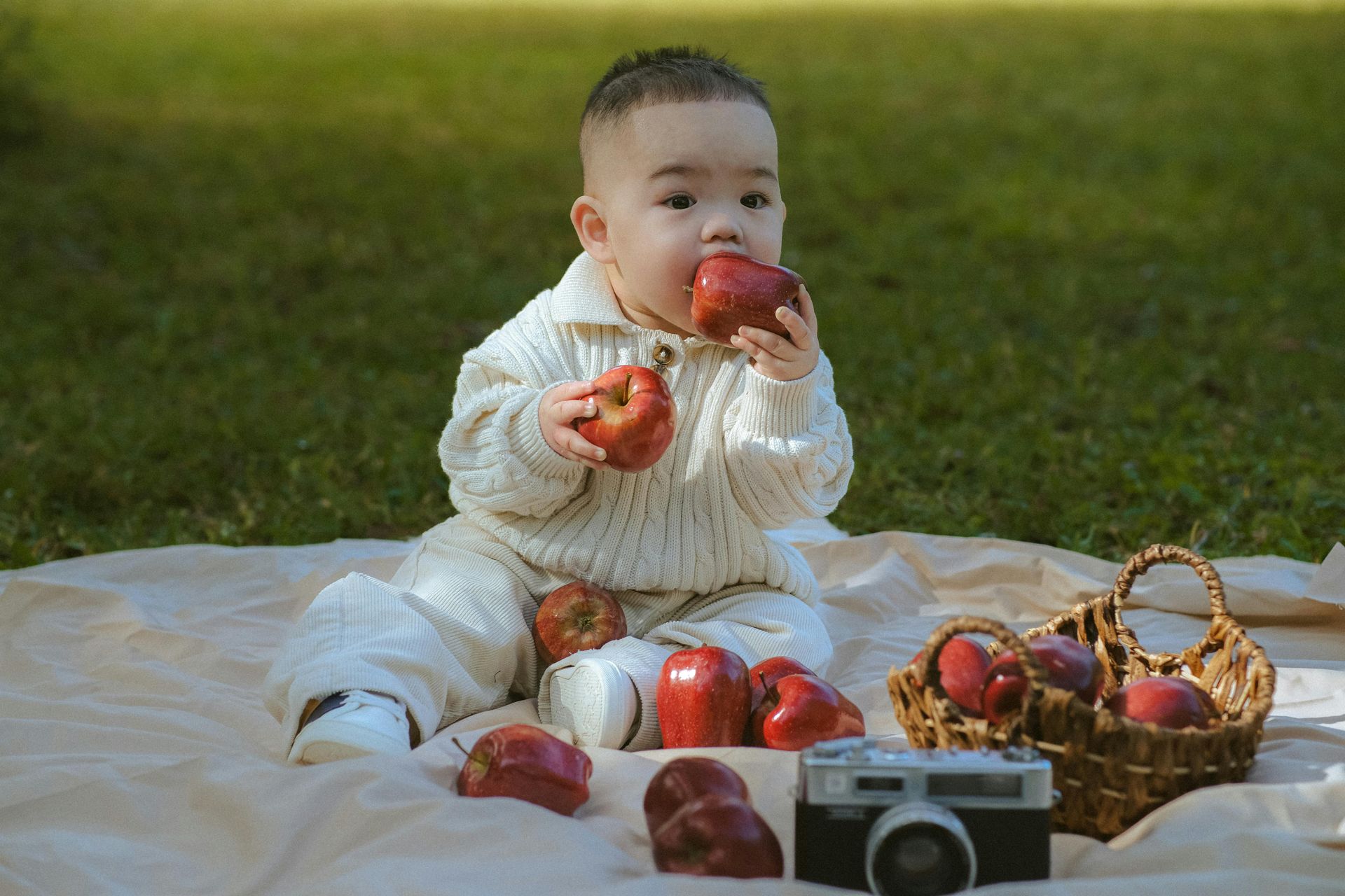 Baby sitting on a blanket outdoors, eating an apple, with more apples and a basket nearby.