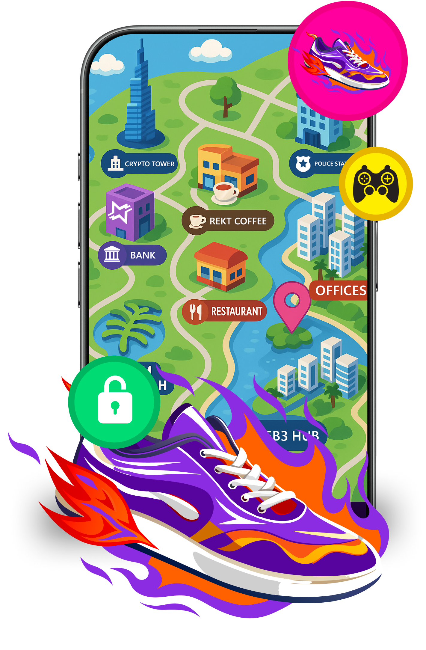 A phone with a purple shoe on it and a map on it.