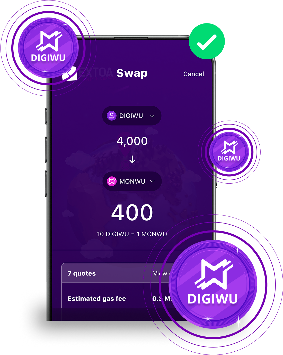 A cell phone with a purple screen and a green check mark on it.