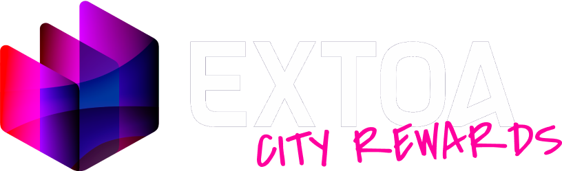 A logo for exitoa city rewards with a purple and blue cube on a white background.