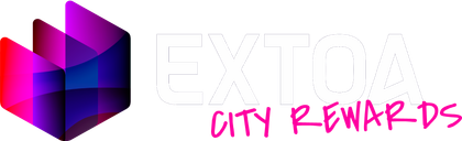 A logo for exitoa city rewards with a purple and blue cube on a white background.