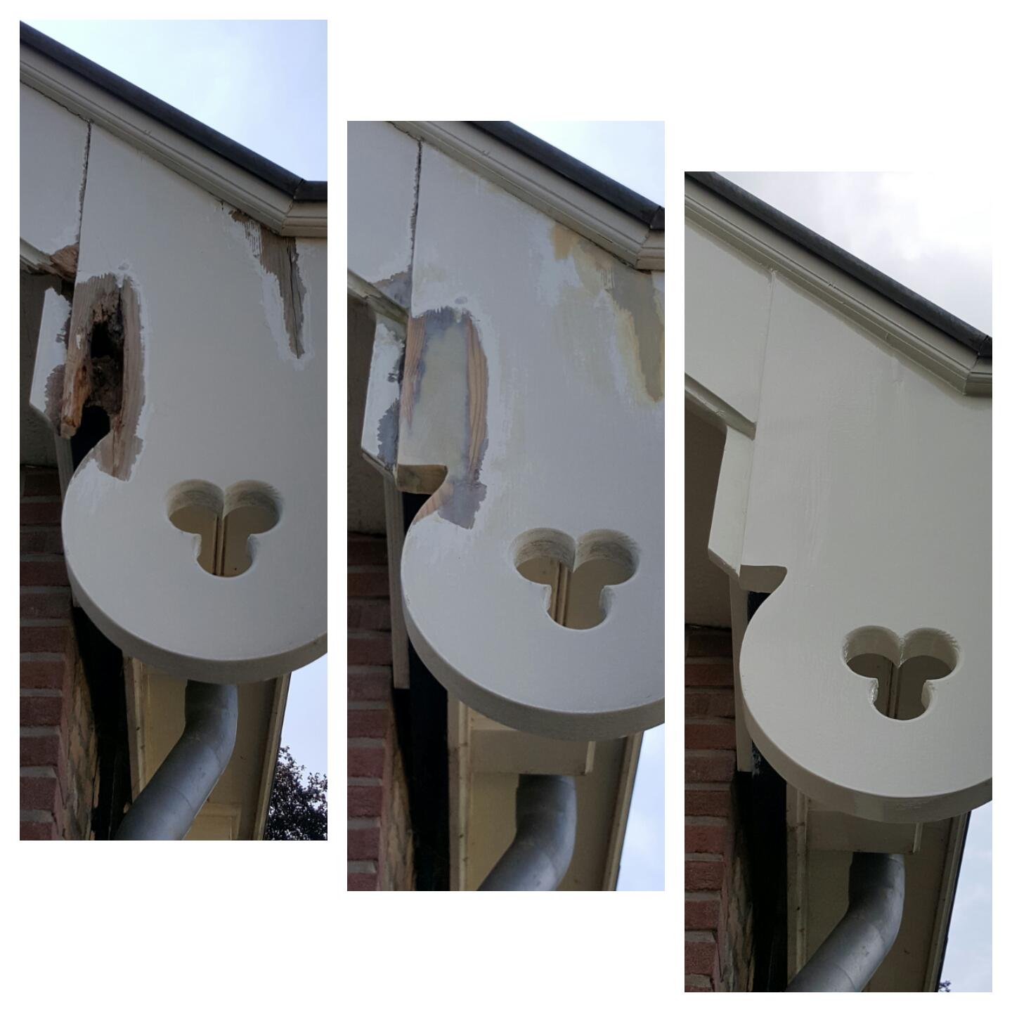 Beschadigde en gerepareerde witte houten dakranden met decoratieve uitsparingen.