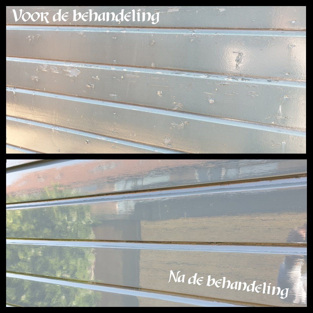 Vergelijking van een schuurwand voor en na de behandeling: bovenaan is de verf afgebladerd, onderaan is de verf hersteld en glanzend.