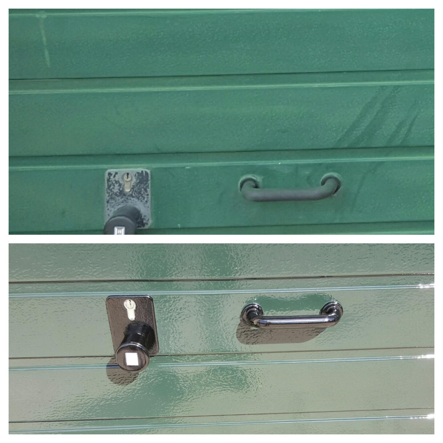 Groene garagedeur hersteld. 