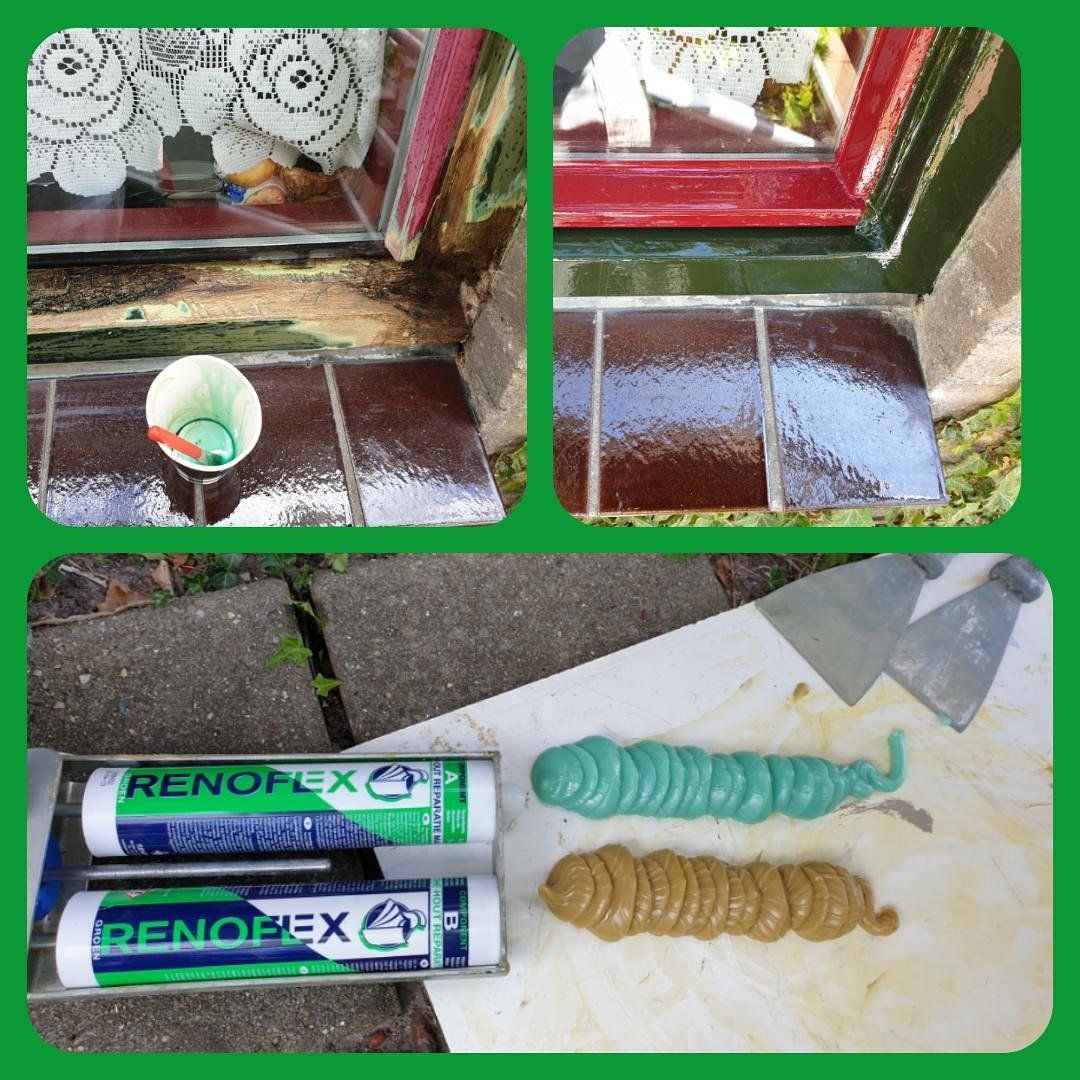 Drieluik: Buitenkozijn word bewerkt met houtrot  reparatie. 