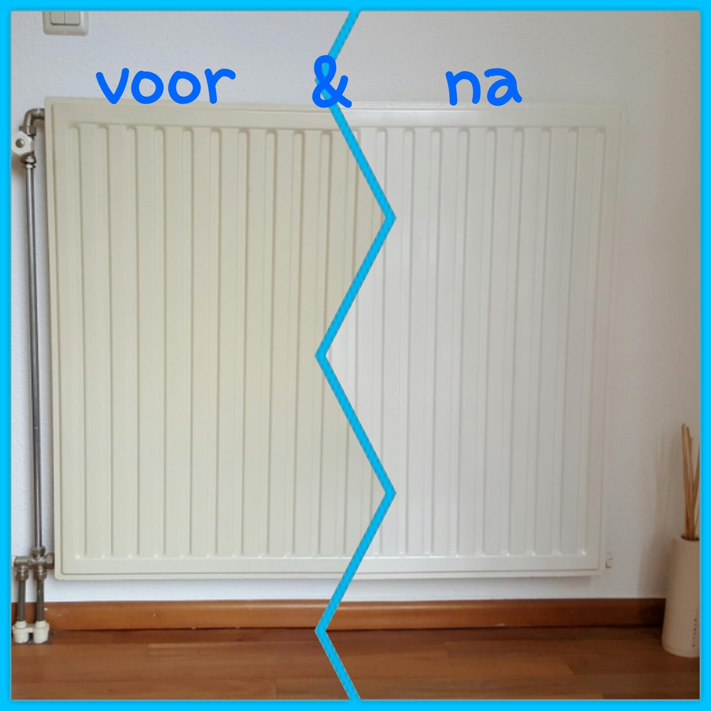 Radiatorvergelijking: linkerzijde beige (voor), rechterzijde wit (na).