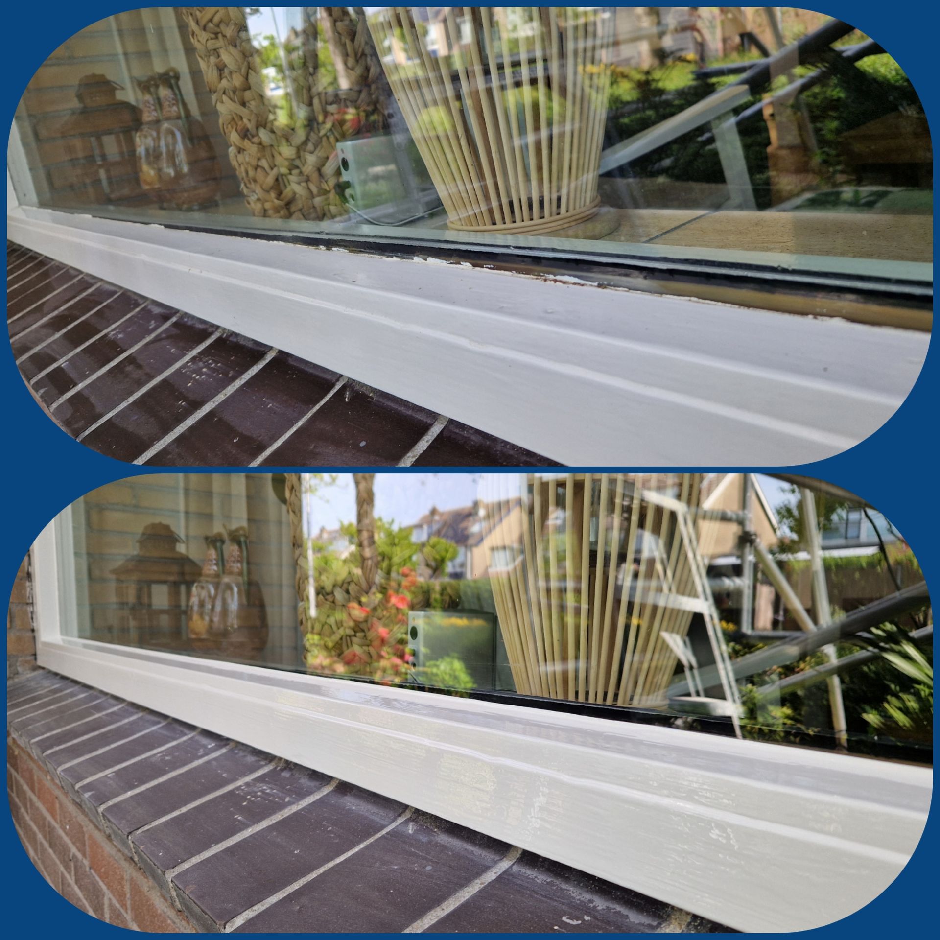 Voor en na van een raamkozijn, waarop strak schilderwerk te zien is.
