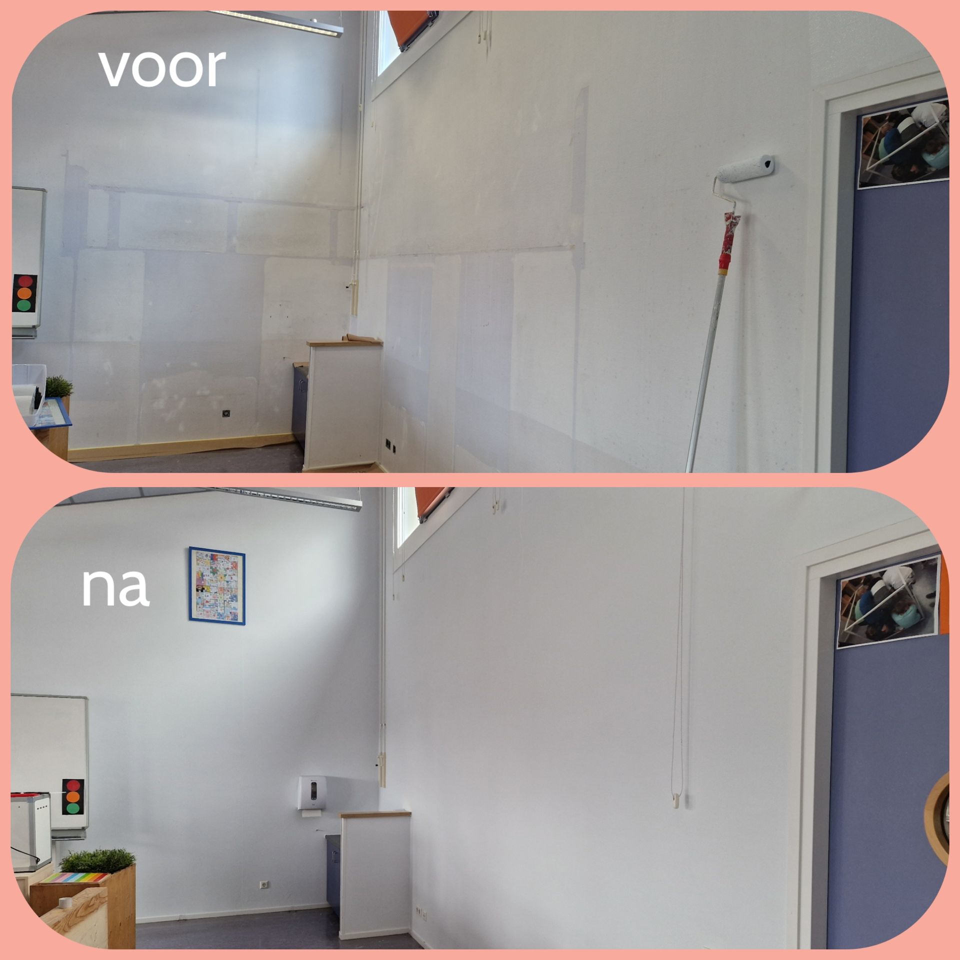 Voor en na het wit verven van een kamer; hierbij wordt een roller gebruikt.