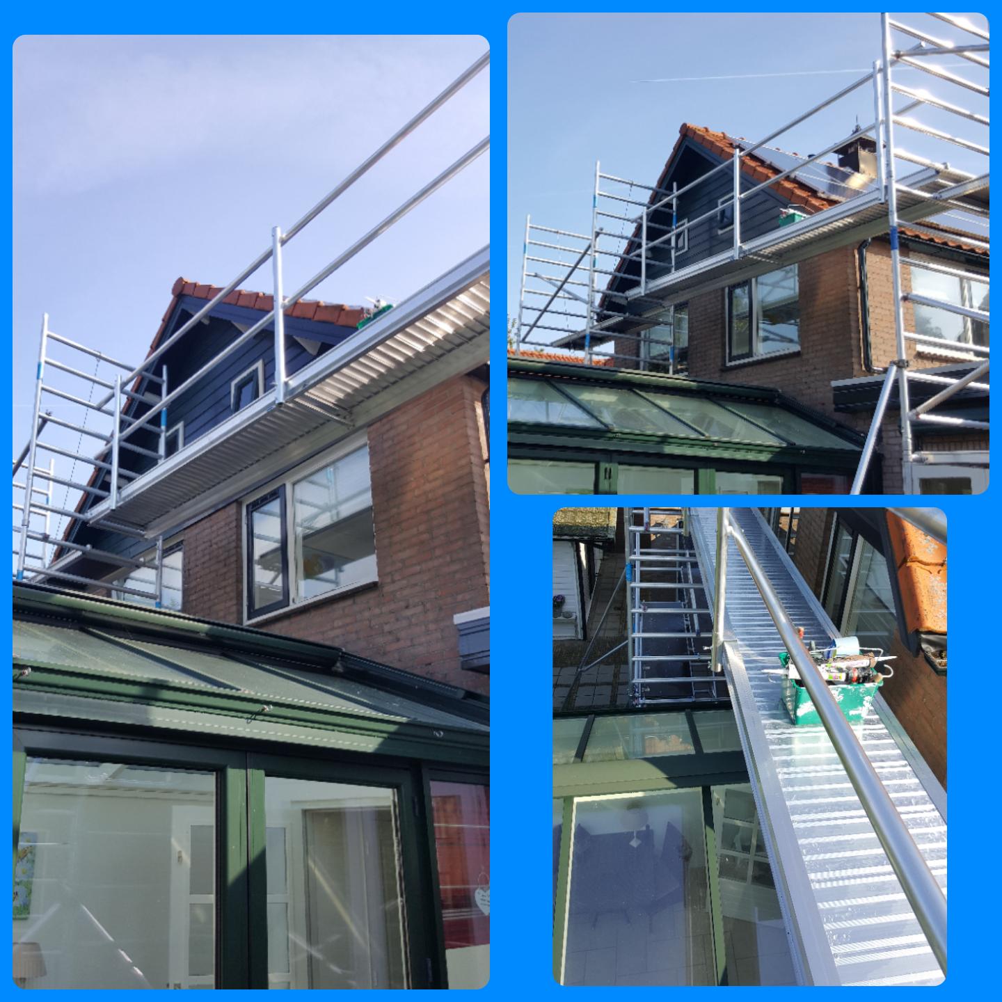 Steigerbrug boven een ​​glazen aanbouw. voor schilderwerkzaamheden.