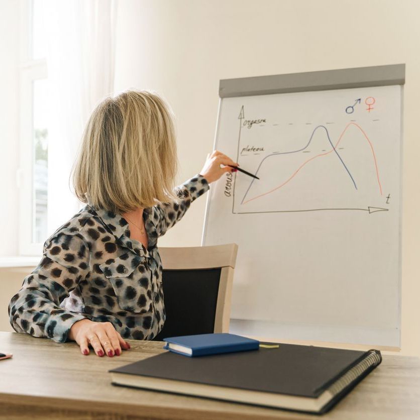 Una mujer está sentada en un escritorio escribiendo en una pizarra blanca.