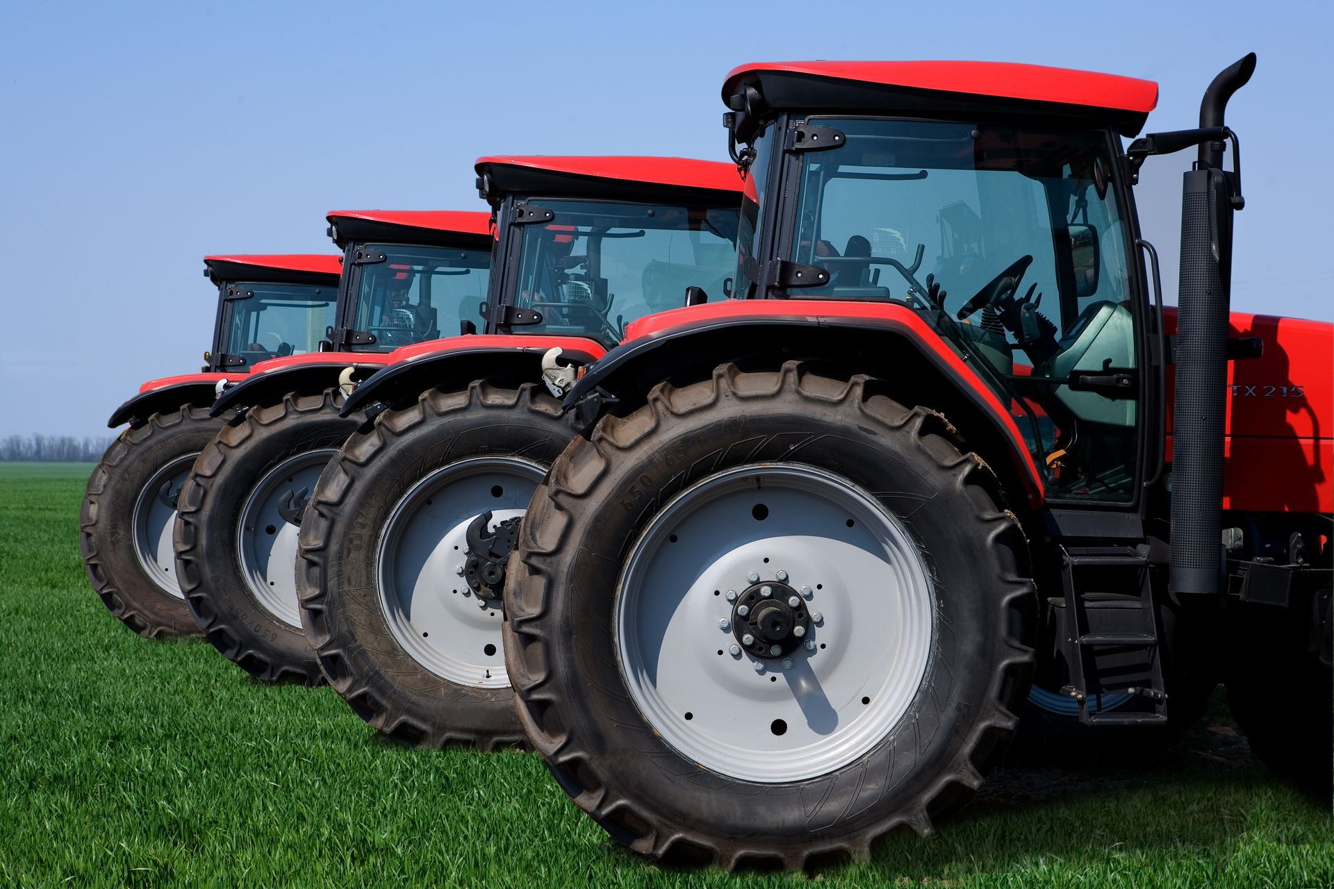 Row of red Massey Ferguson tractors parked on green grass.