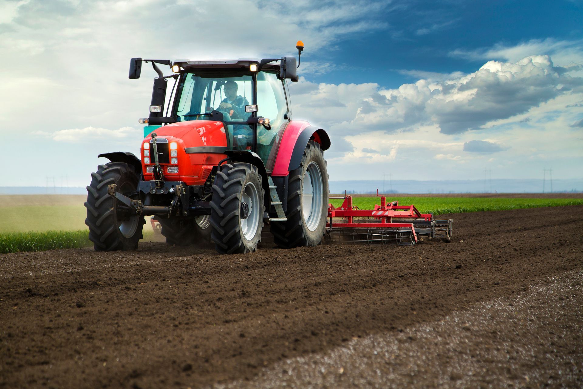 View of a farm red tractor cultivating a field over a blue sky.