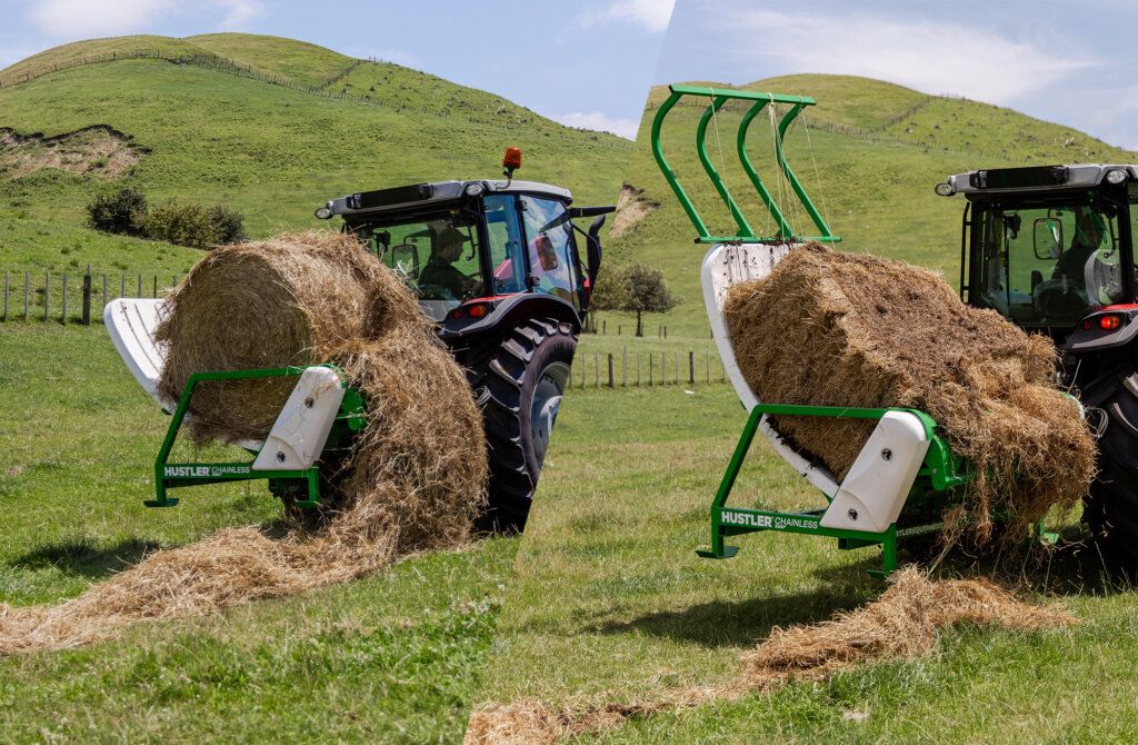 Two tractors with hay bale unrollers in a green field.