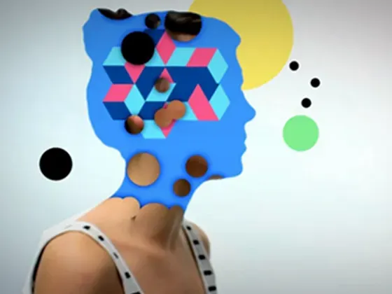 Blue silhouette of a person with geometric shapes in the head; a yellow circle and other shapes in the background.