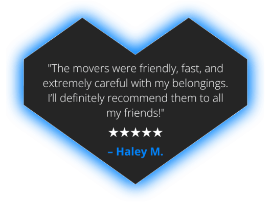 Customer testimonial inside a heart-shaped graphic: 