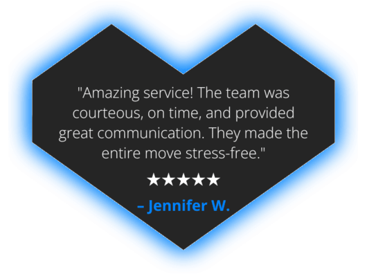 Customer testimonial in a heart-shaped graphic: positive review with 5 stars.