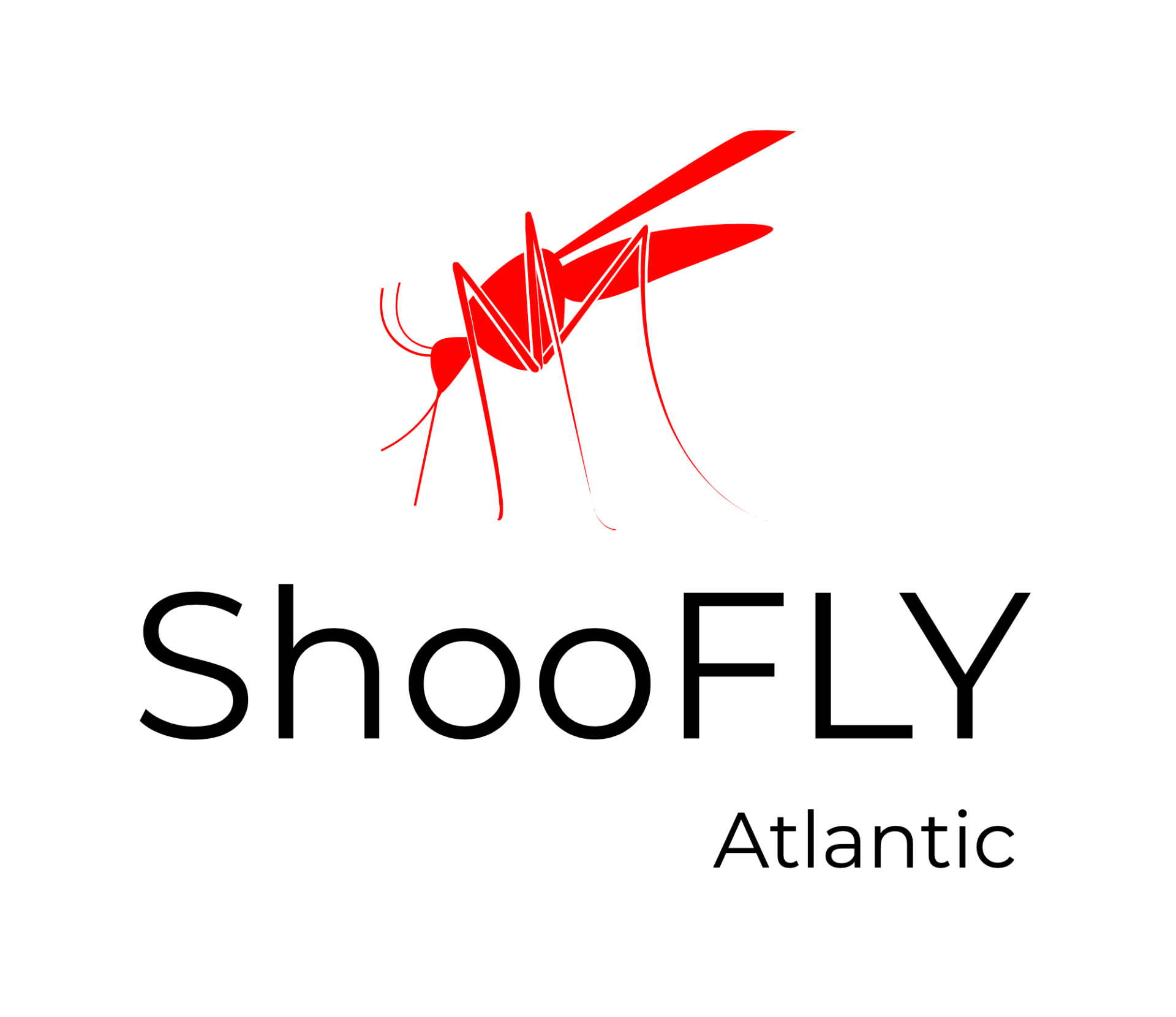 A logo for shoofly atlantic with a red mosquito on a white background.