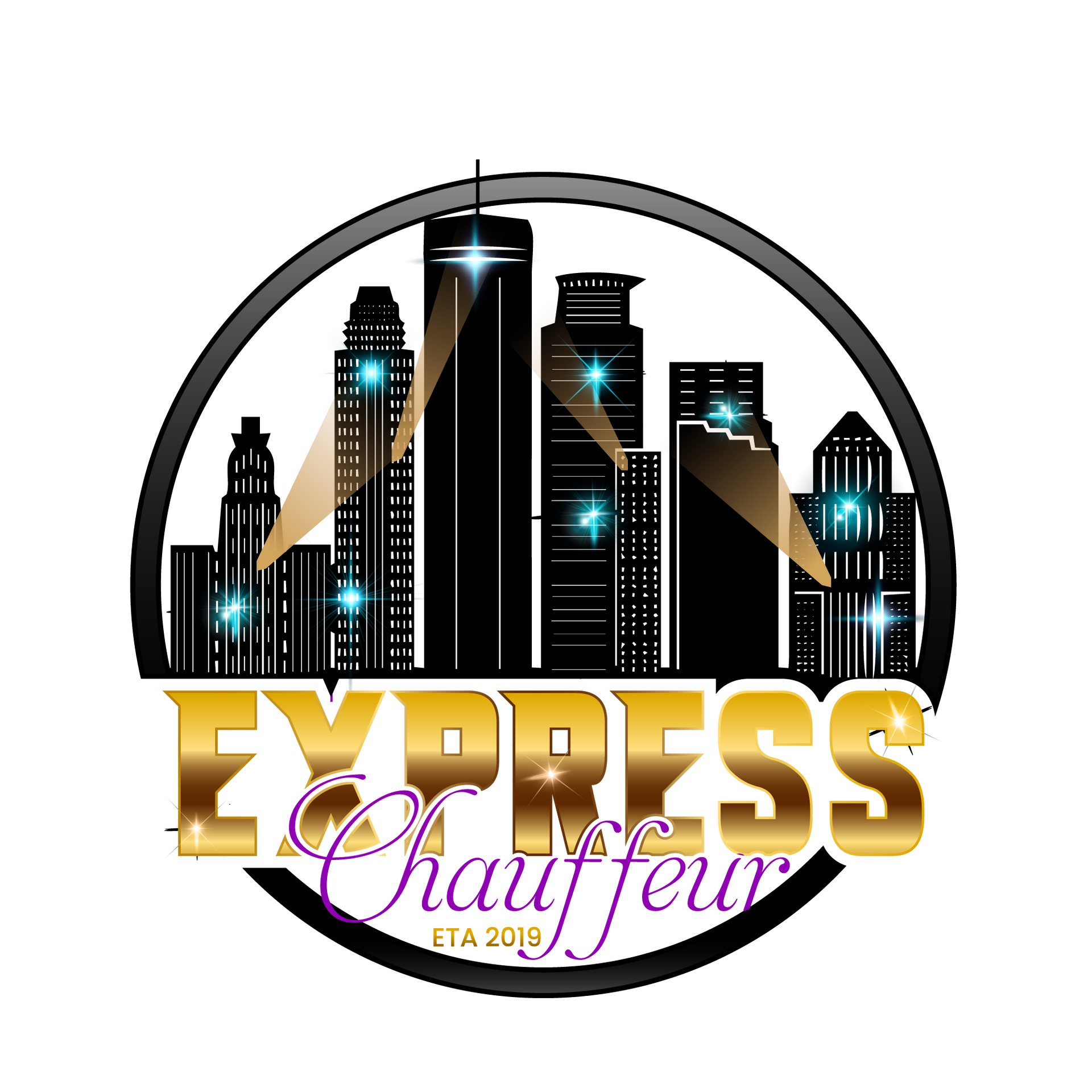 A logo for express chauffeur with a city skyline