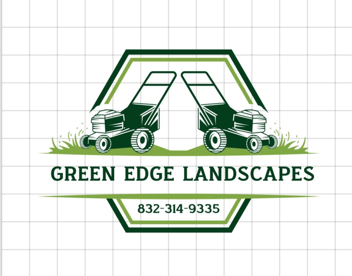 Logo: Two lawnmowers facing out in a green hexagonal frame with "Green Edge Landscapes" and a phone number.