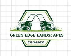 Logo: Two lawnmowers facing out in a green hexagonal frame with "Green Edge Landscapes" and a phone number.