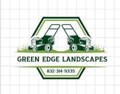 Logo: Two lawnmowers facing out in a green hexagonal frame with "Green Edge Landscapes" and a phone number.