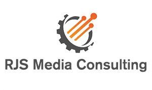 A logo for rjs media consulting with a gear and arrows coming out of it.