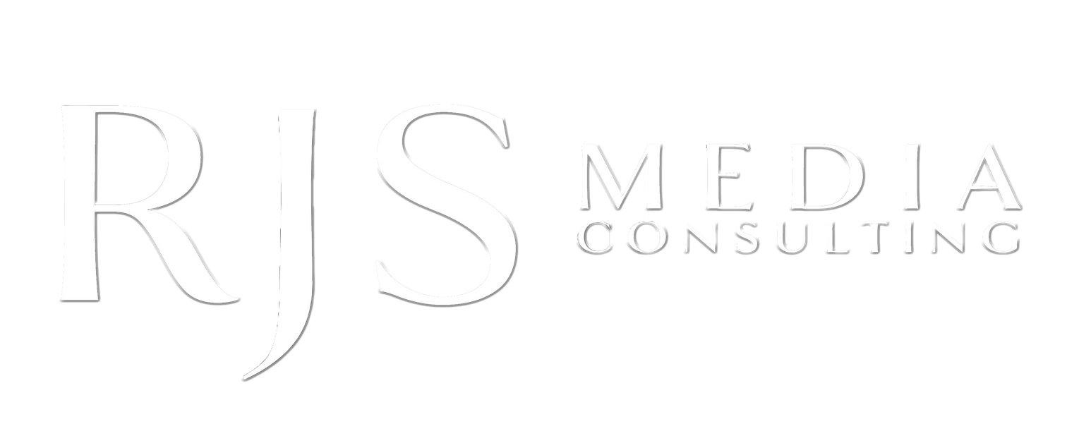 The logo for rjs media consulting is black and white.