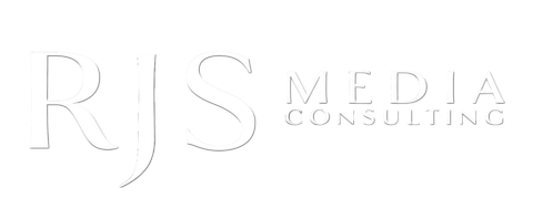 The logo for rjs media consulting is black and white.