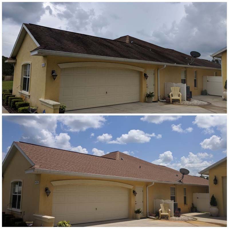 Before and after pressure washing a roof