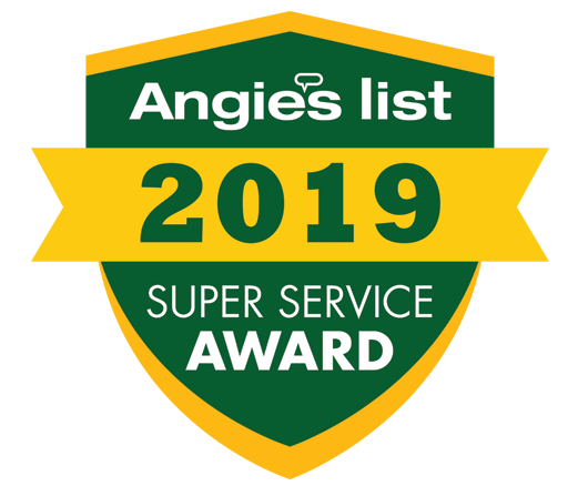 A green and yellow shield with the words angie 's list 2019 super service award on it