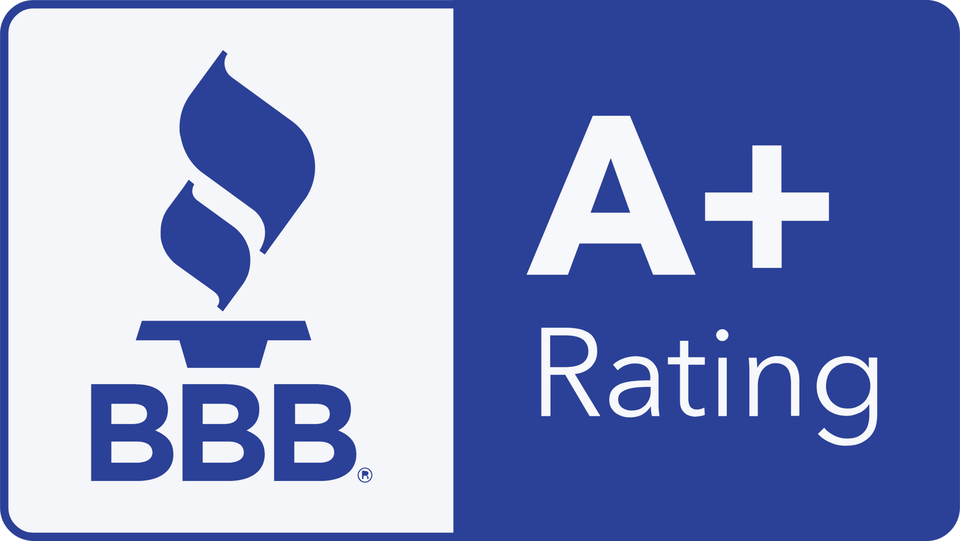 BBB A+ Rating logo: Blue and white emblem with torch and 