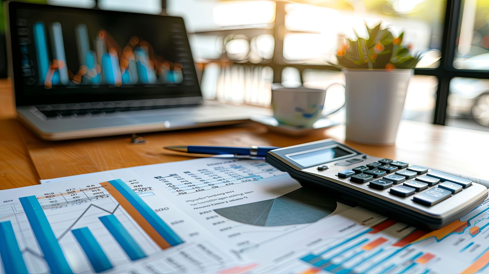 Closeup of graphs, calculator, and accounting papers on top of a table.
