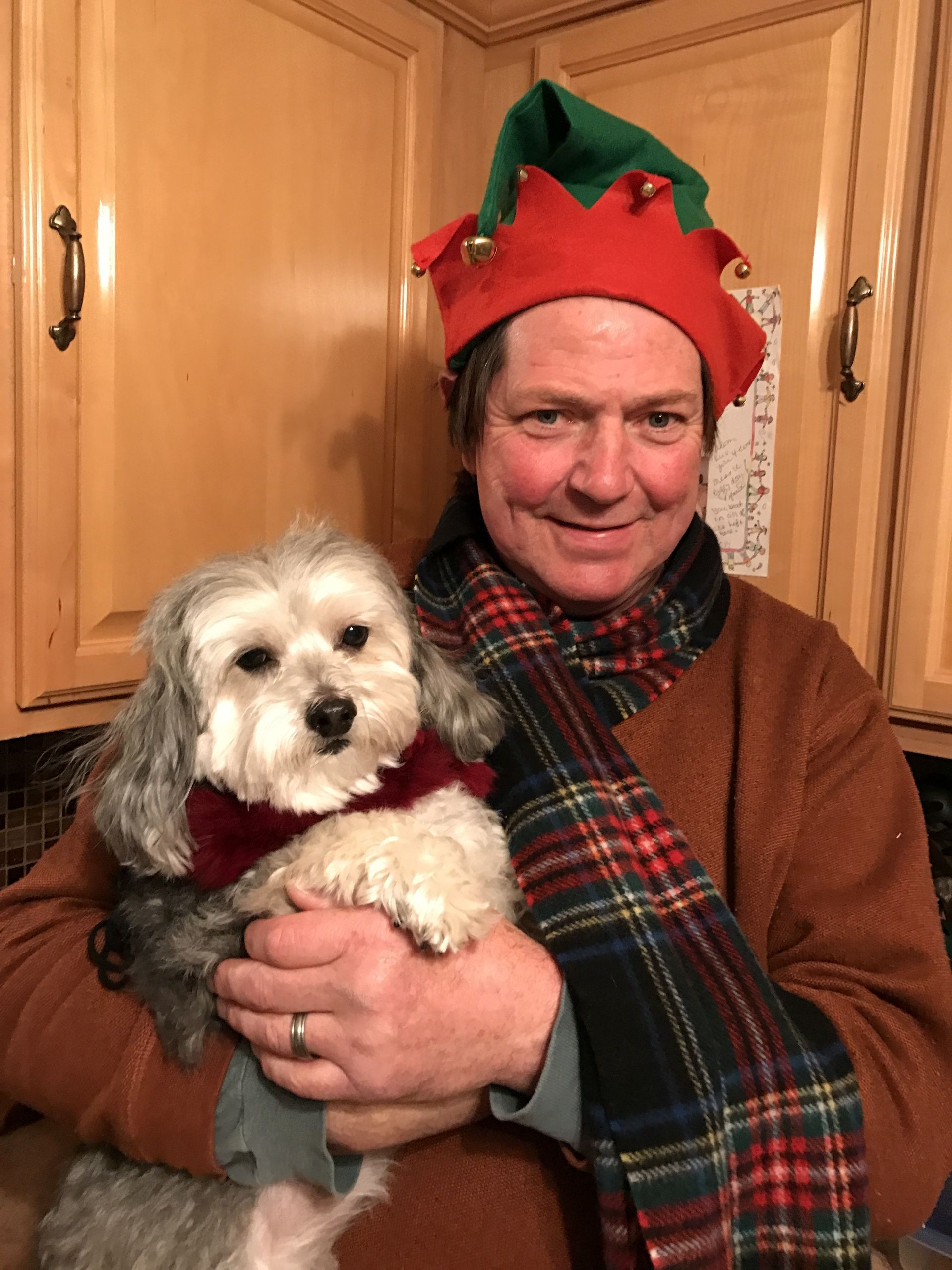 A man wearing an elf hat is holding a small dog.