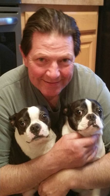 A man is holding two boston terriers in his arms.