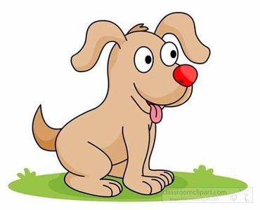 A cartoon dog with a red nose is sitting in the grass.