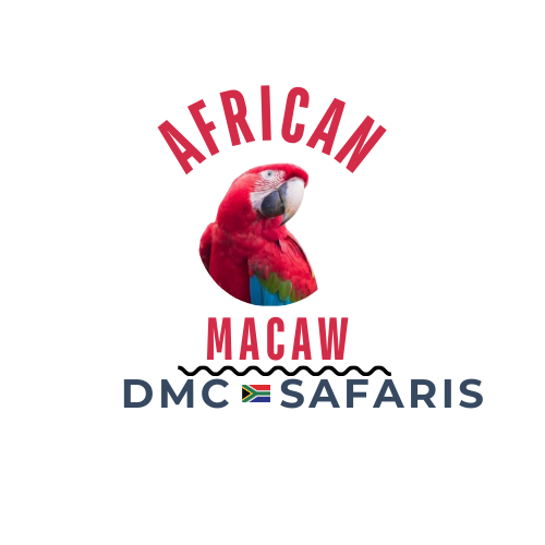 A logo for african macaw dmc safaris with a red parrot