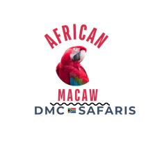 A logo for african macaw dmc safaris with a red parrot